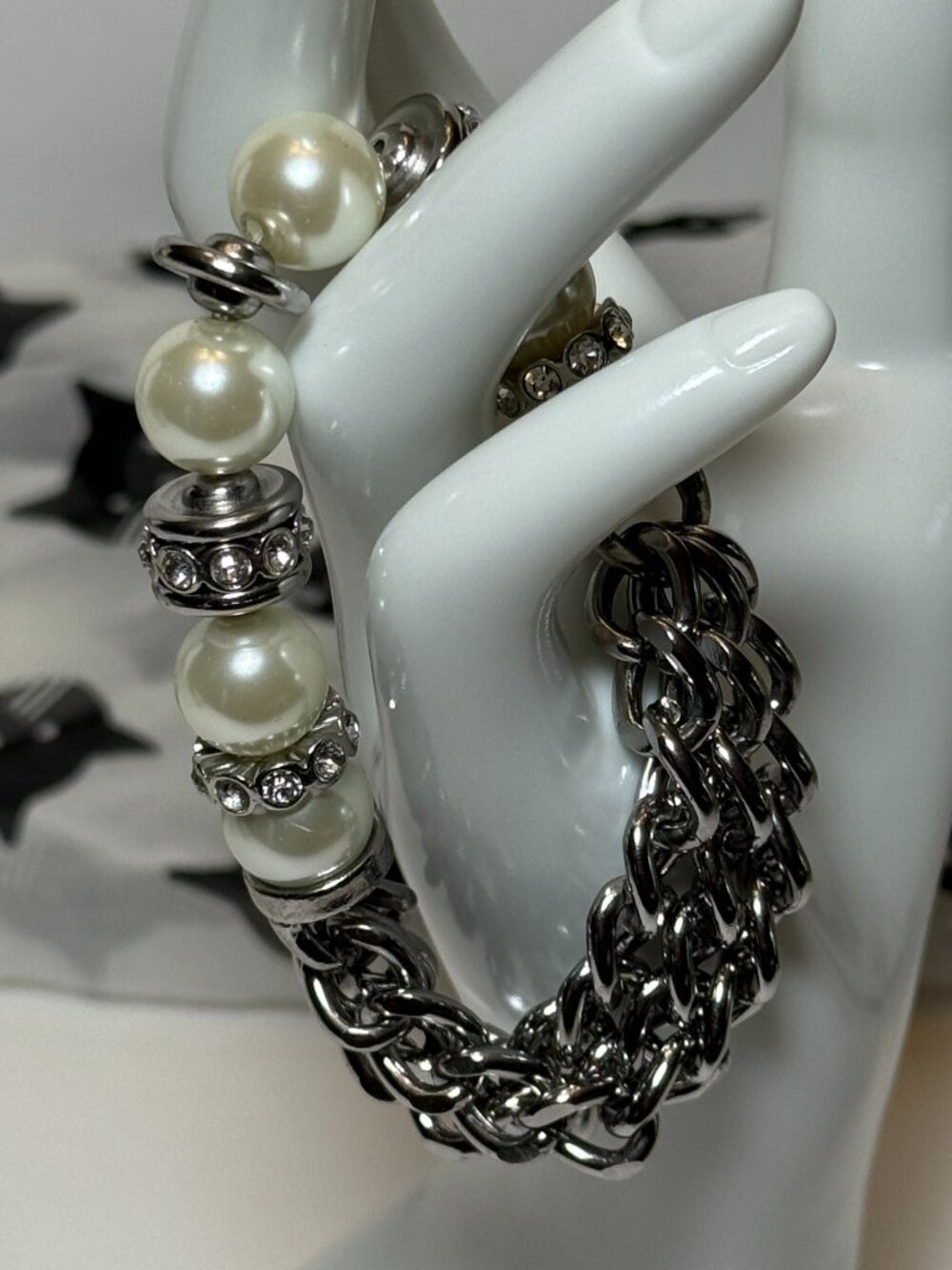 Multi Strand Silver Chain Link Faux Pearl Faux Diamond Bracelet